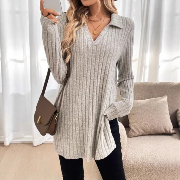 絶対欲しい 無地 Vネック プルオーバー 折り襟 長袖 カジュアル チュニック