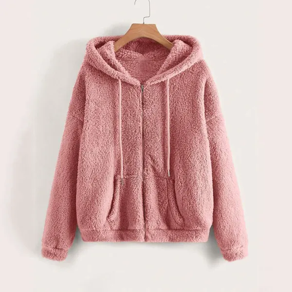 秋冬用 ジップアップ ドロップショルダー ドローストリング フーデッド テディジャケット