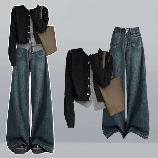 【単品注文】セットアップ 今季人気 着痩せ効果 レイヤード / 重ね着風 無地 長袖 ラウンドネック カジュアル セーター + デニムパンツ【2点セット】