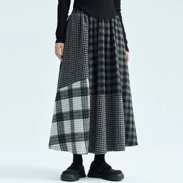 韓国人気新品 ランダムティアード チェック柄 ポケット付き Aライン 切り替え シンプル スカート
