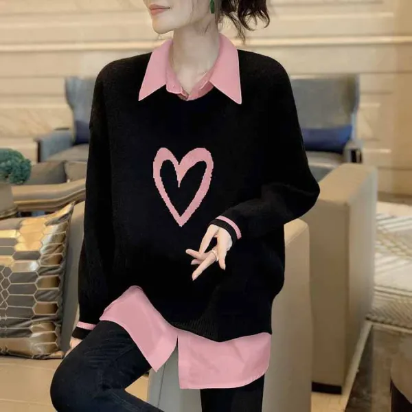 人気商品再入荷 レイヤード / 重ね着風 パターン 折り襟 長袖 中長 ファッション ニットセーター