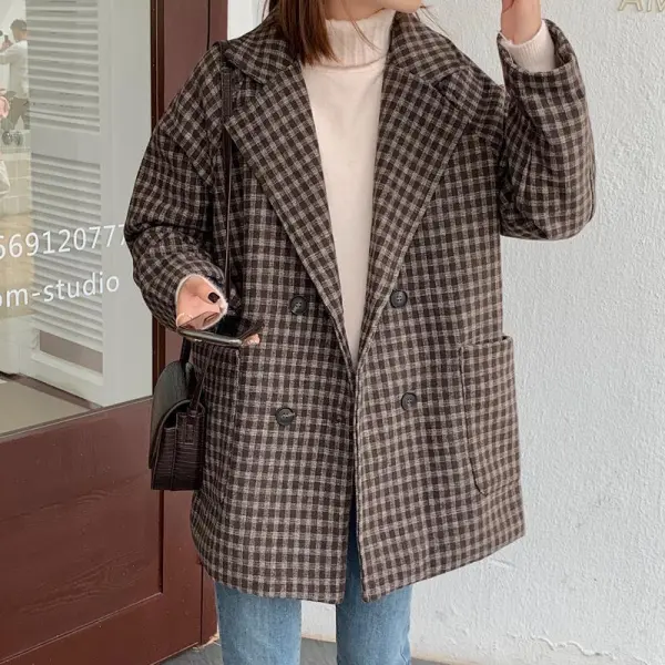 新商品をピックアップ！ チェック柄 長袖 ラシャ ボタン 折り襟 レトロ スーツジャケット