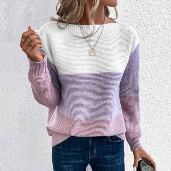 雑誌に掲載された 切り替え ニット ラウンドネック 長袖 配色 カジュアル ニットセーター