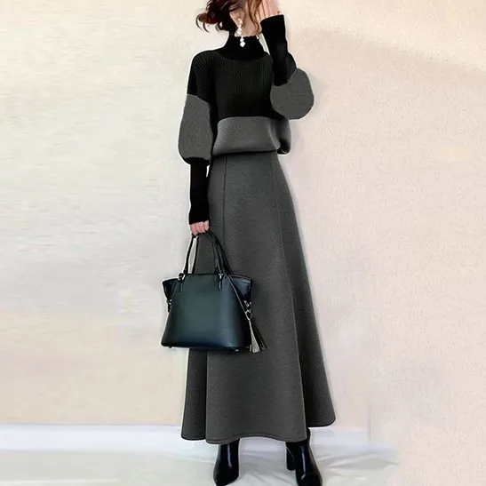 絶対可愛い ロング ハイネック 切り替え Aライン ギャザー シンプル 二点セット