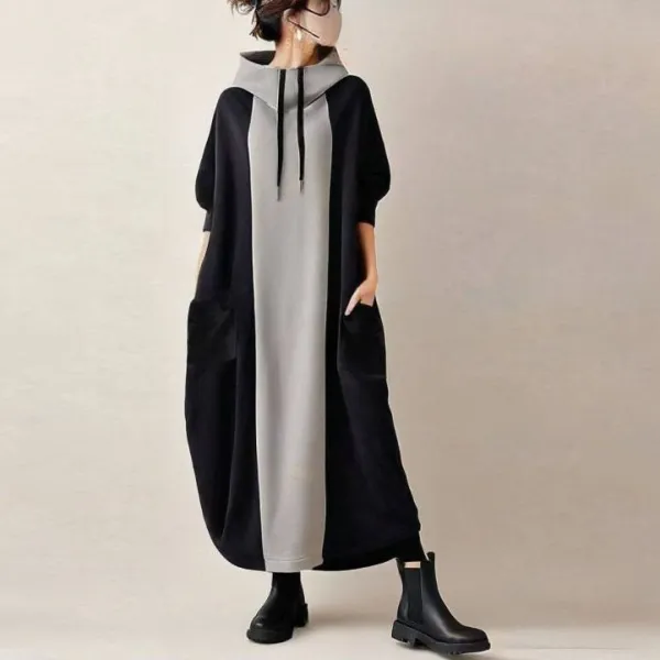 リピー数高 フード付き ポケット付き 長袖 配色 ストレート ナチュラルロングワンピース