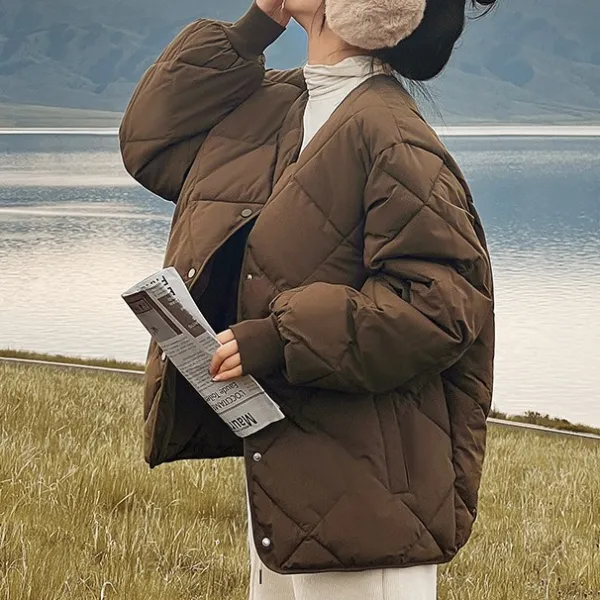 菱形模様 INS風 ノーカラー 軽量 ショート丈 レディース 冬用 中綿ジャケット