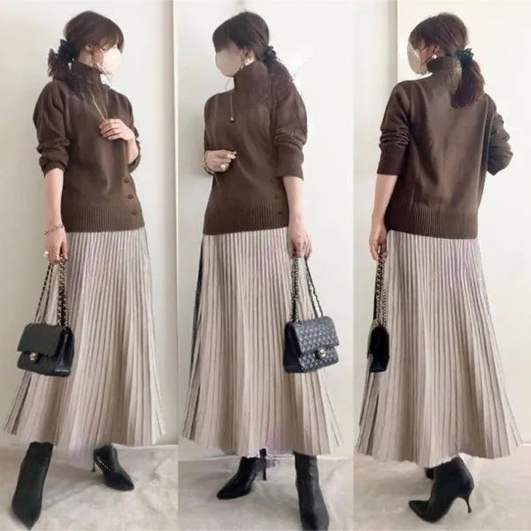 【２点セットアップ】新作 ラグジュアリー感あふれるニットトップス＋プリーツスカート 2点セット エレガントなレディースファッション