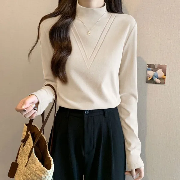 一番安い新作長袖プルオーバーハーフネックカットソーレディース冬冬服トップスインナー長袖裏起毛ファッションレディースTシャツ