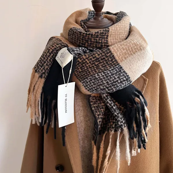 今季注目気質アップファッションチェック柄フリンジ切り替え大判マフラー