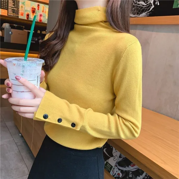 「今着たい」オフタートルネック無地ボタン長袖ハイネックファッションニット・セーター