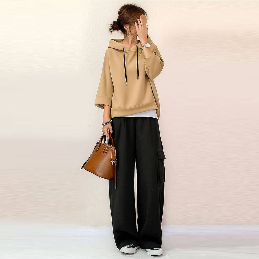 ライトキャメル/トップス+ブラック/パンツ/2点セット