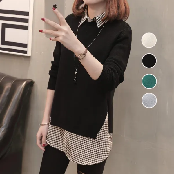 【全4色】ニットセーター切り替えレイヤード / 重ね着風チェック柄｜ゆったり