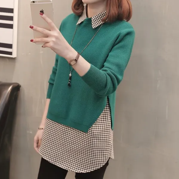 【全4色】ニットセーター切り替えレイヤード / 重ね着風チェック柄｜ゆったり