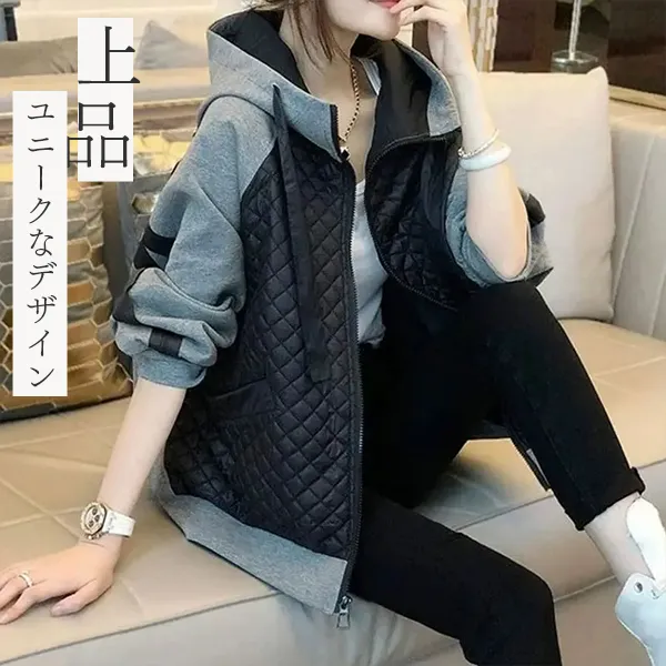 店長推薦シンプル配色長袖切り替えショート丈フード付きジッパージャケット