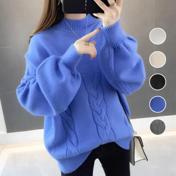 【全5色】ニットセーター無地ランタンスリーブ長袖ハーフネック｜ゆったり防寒