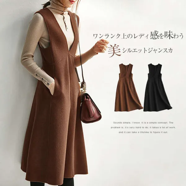 着回し力抜群ファッションＶバックVネックノースリーブ無地Aラインジャンパースカートブラック黑