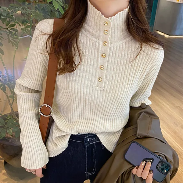 6色展開レディースファッション無地折り襟プルオーバー着痩せニット・セーター