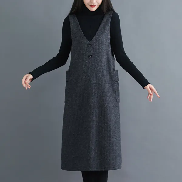 ワンピース冬袖なしレディースタンクトップワンピースジャンパースカート膝丈ワンピース膝丈ロングワンピースロングベストワンピース秋レディースVネックコンビネゾンジャンスカボタンポケットストライプツイード