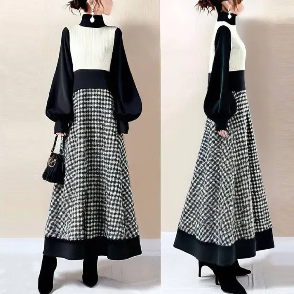 「奇跡の再販」 チェック柄 長袖 ランタンスリーブ 配色 切り替え ファッション ワンピース