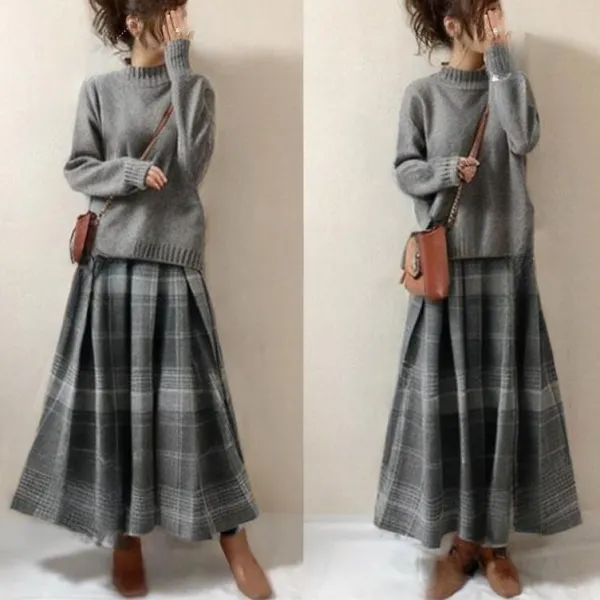 [２点セットアップ]秋冬新作、小高ネックのニット＋スカートの2点セット