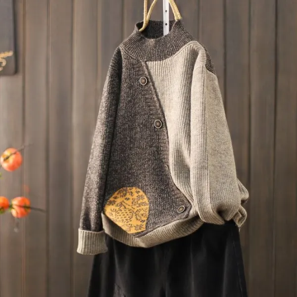 ニットセーターボタン長袖ハーフネック切り替え配色｜絶対流行