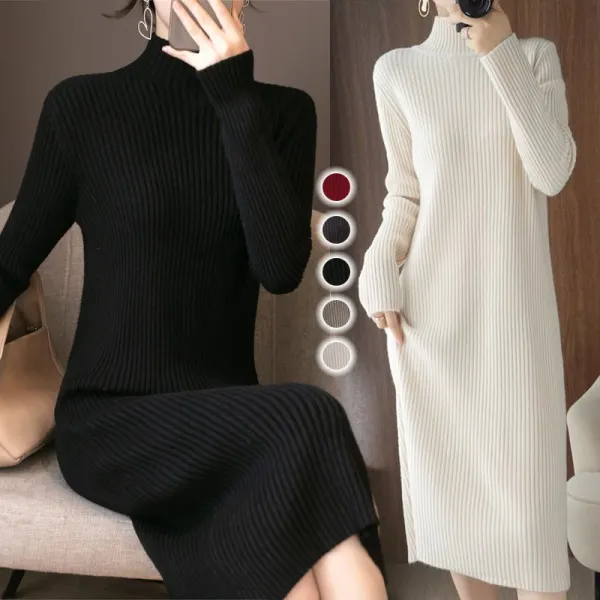 【全5色】ニットワンピース無地ストレートハーフネック長袖 | 新発売！