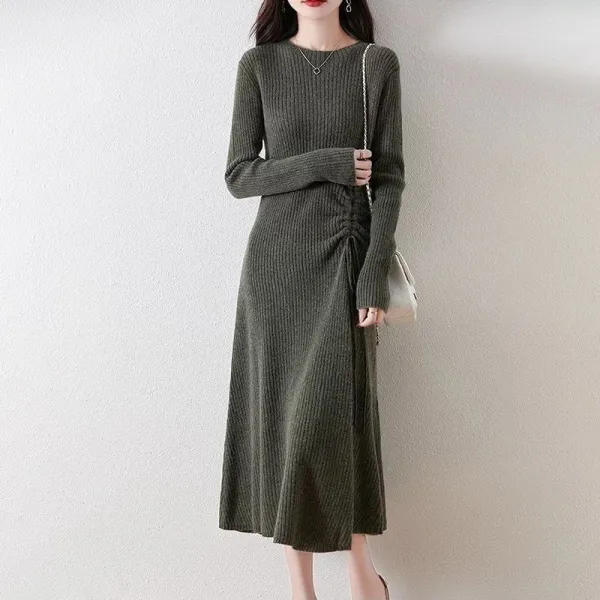 【全6色】ニットワンピース無地Aライン長袖ラウンドネック｜