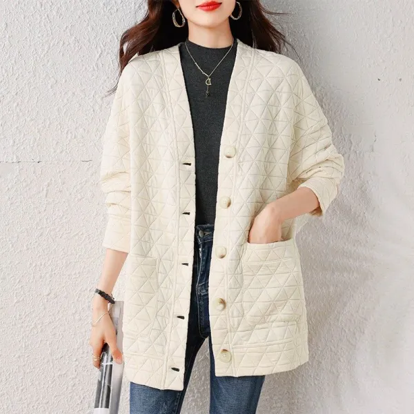 カーディガンVネック長袖ボタン中長幾何模様|ふわモコ