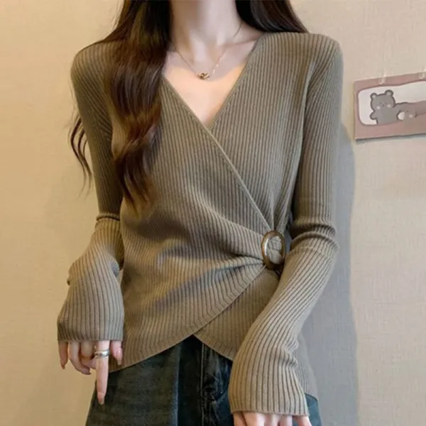 【全3色】ニットセーター無地伸縮性ありVネック長袖｜着痩せ