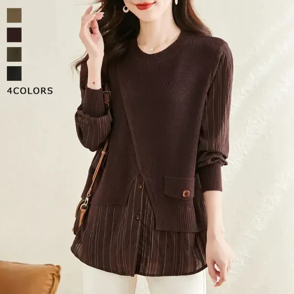 【全4色】ニットセーター無地長袖レイヤード重ね着風ボタンボーダー | 存在感抜群