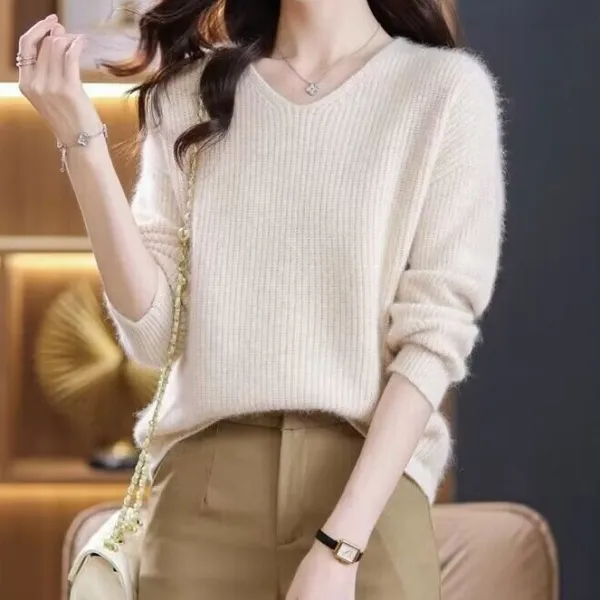 【全3色】ニットセーター長袖無地Vネック| 柔軟加工