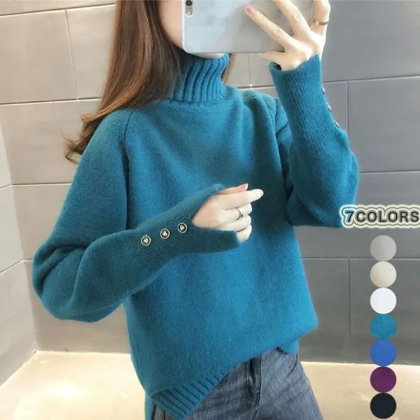 【全7色】ニットセーターハイネック無地プルオーバーボタン | 着回し力抜群