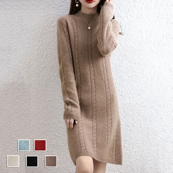 着回し力抜群 シンプル 無地 ハーフネック Aライン ニットワンピース ブラック 黑 レッド グリーン