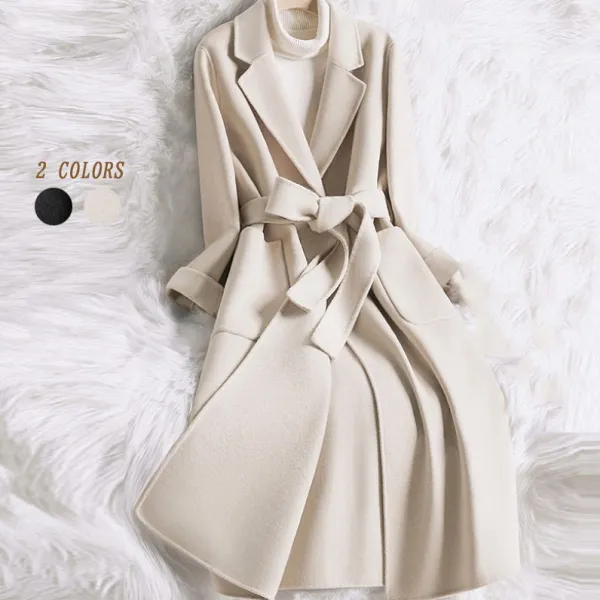 柔らかくて優しい印象 ファッション 無地 折り襟   コート ブラック 黑 ベージュ