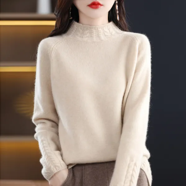 ベージュ  ウール  ニット  ニット / セーター  ニットトップス  長袖  スリムに見える  タートルネック  プルオーバー  ツイスト模様  暖かい  インナー  新作  ハイネック  洗練された