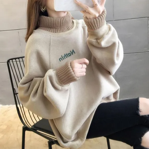 ins超人気シンプル3色防寒ランダムティアード厚手ハイネックナチュラルスウェット・パーカー