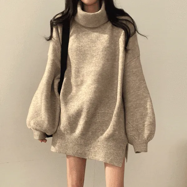 新作10%OFF雑誌に掲載されたスリットハイネック長袖無地ランタンスリーブカジュアルニット・セーター