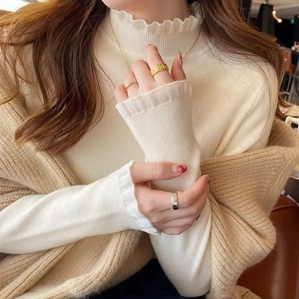 新作10%OFF3色展開スウィート韓国系ハーフネックレースギャザーニット・セーター