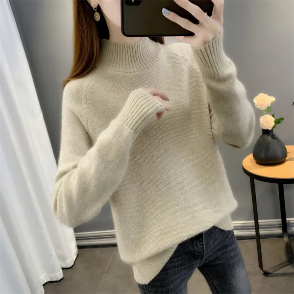 流行の予感プルオーバーハーフネック長袖無地スパンコールカジュアルニット・セーター