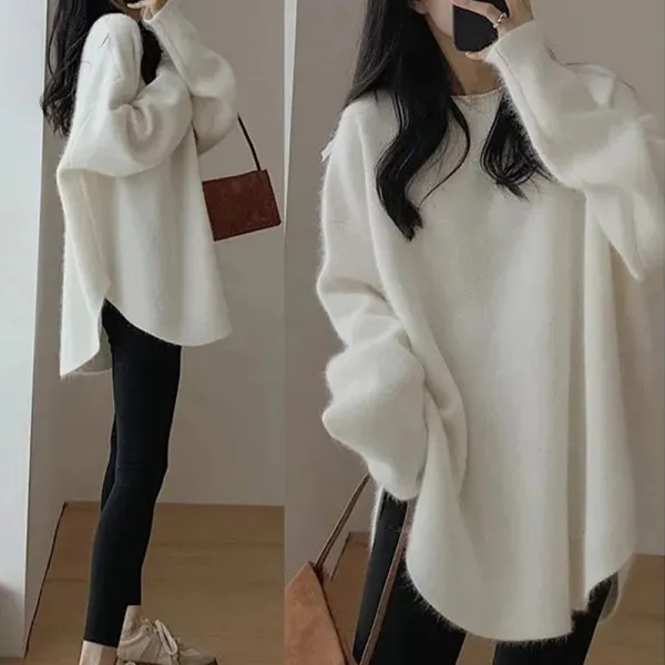 新作10%OFF存在感抜群ラウンドネック無地長袖プルオーバーオーバーサイズ感カジュアルニット・セーター