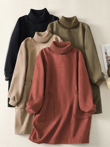 新登場  無地 ポケット付き 長袖 ハイネック ニットワンピース