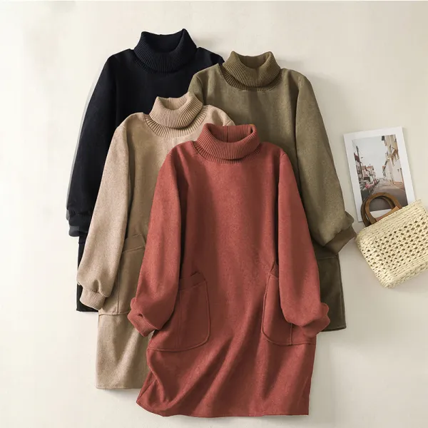 新登場  無地 ポケット付き 長袖 ハイネック ニットワンピース