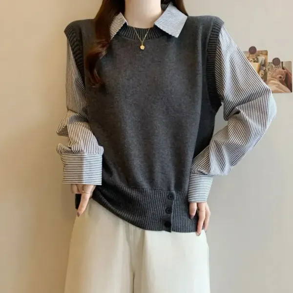 早い者勝ち 折り襟 ボタン 切り替え レイヤード 長袖 ファッション ニットセーター
