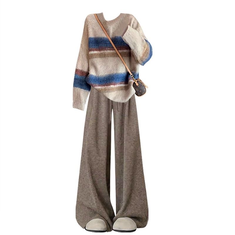 ストライプセーター + カーキグレーワイドパンツ【2点セット】