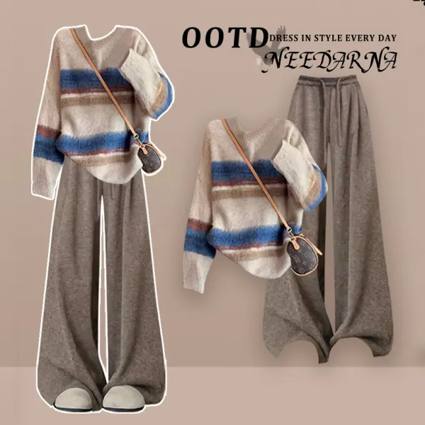 新作10%OFF【単品注文】今季大注目ラウンドネックプルオーバーロング2点セット長袖韓国系トップス+パンツセットアップ