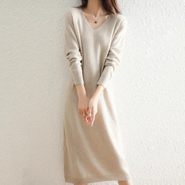 毎日参考になる！ Vネック 無地 プルオーバー ストレート 長袖 シンプル ニットワンピース