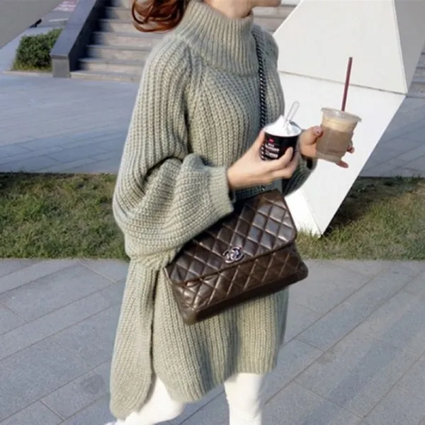 トレンドを先取り♪ ハイネック 無地 長袖 スリット ストレート フェミニン ニットチュニック