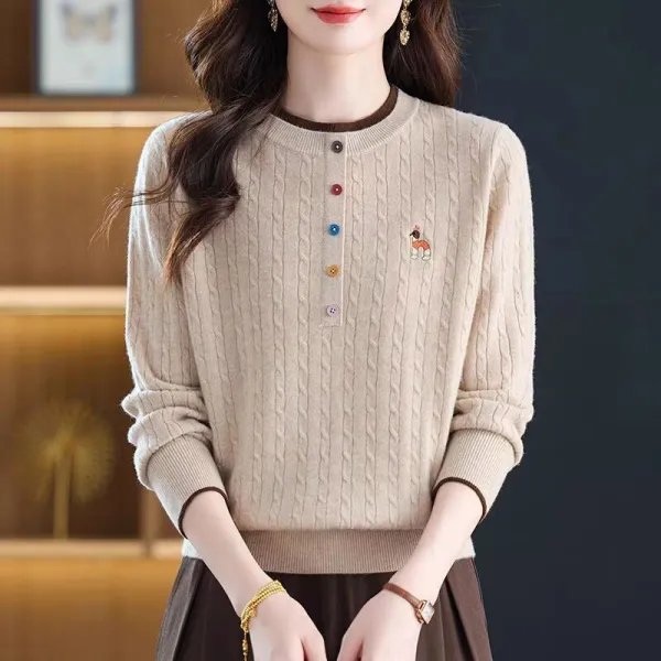 トレンドを先取り♪ ラウンドネック 刺繍 ボタン 長袖 プルオーバー カジュアル ニットセーター