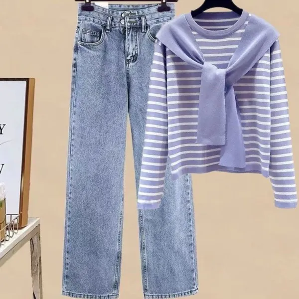 [単品注文]組み合わせ自由 デザイン性抜群 絶対欲しい レイヤード / 重ね着風 ラウンドネック ボーダー Ｔシャツ+ハイウエスト カジュアルパンツ二点セット