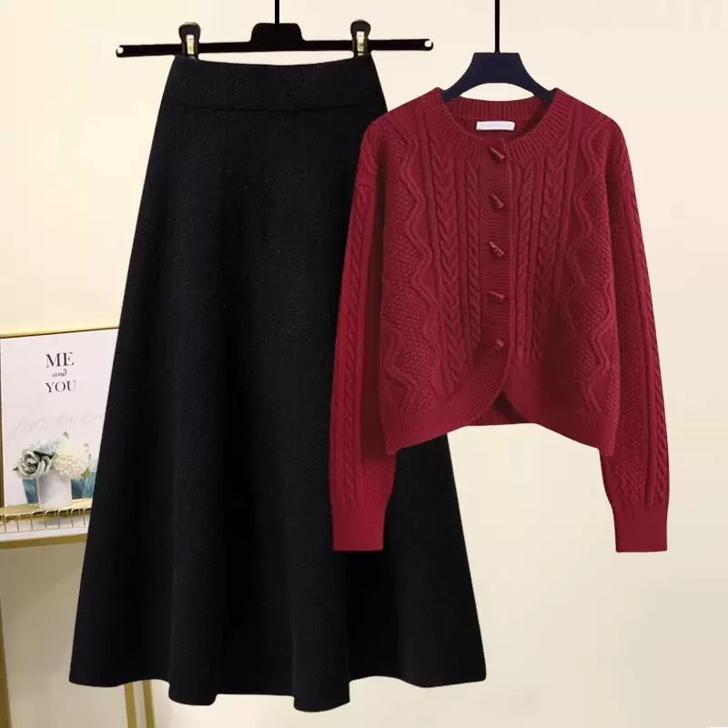 レッド/カーディガン+ブラック/スカート
